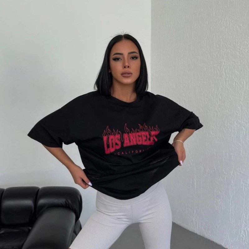 Kadın Kısa Kol Yazlık Tişört Bisiklet Yaka Los Angeles Baskılı T-Shirt - Siyah