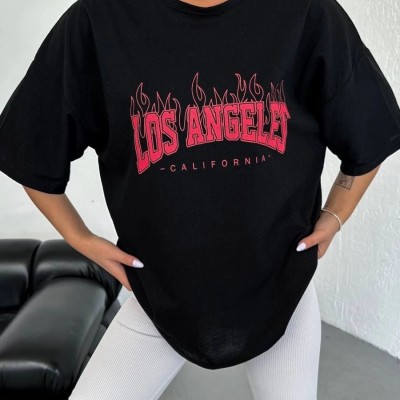 Kadın Kısa Kol Yazlık Tişört Bisiklet Yaka Los Angeles Baskılı T-Shirt - Siyah