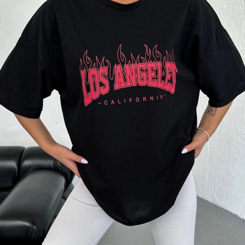 Kadın Kısa Kol Yazlık Tişört Bisiklet Yaka Los Angeles Baskılı T-Shirt - Siyah