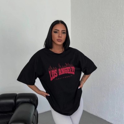 Kadın Kısa Kol Yazlık Tişört Bisiklet Yaka Los Angeles Baskılı T-Shirt - Siyah
