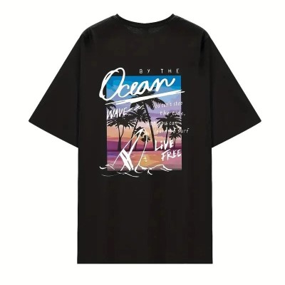 Kadın Kısa Kol Yazlık Tişört Bisiklet Yaka Okyanus Baskılı T-Shirt - Siyah