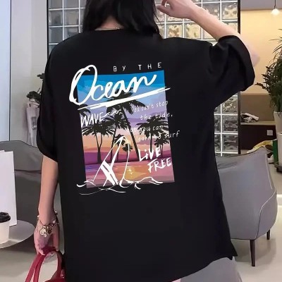 Kadın Kısa Kol Yazlık Tişört Bisiklet Yaka Okyanus Baskılı T-Shirt - Siyah