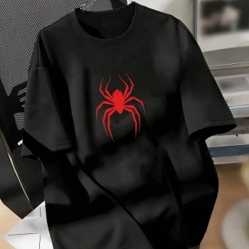 Kadın Kısa Kol Yazlık Tişört Bisiklet Yaka Spider Baskılı T-Shirt - Siyah