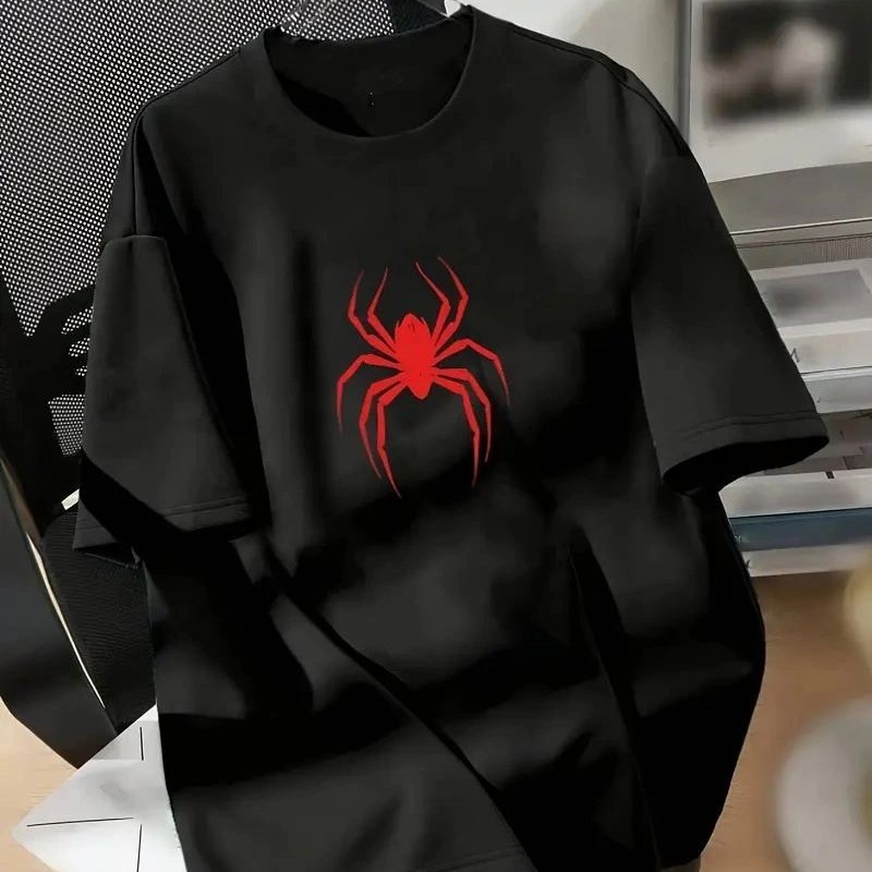 Kadın Kısa Kol Yazlık Tişört Bisiklet Yaka Spider Baskılı T-Shirt - Siyah