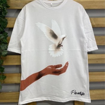 Kadın Kısa Kol Yazlık Tişört Bisiklet Yaka Uzi Güvercin Baskılı T-Shirt - Beyaz