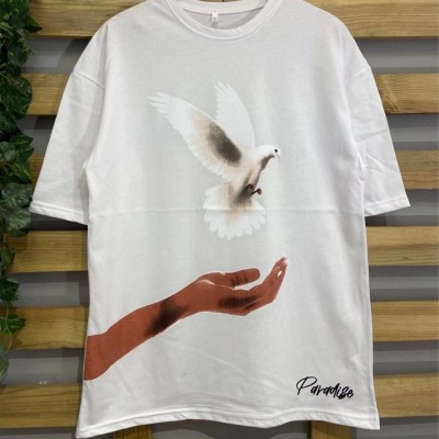 Kadın Kısa Kol Yazlık Tişört Bisiklet Yaka Uzi Güvercin Baskılı T-Shirt - Beyaz