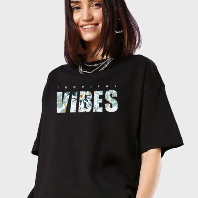 Kadın Kısa Kol Yazlık Tişört Bisiklet Yaka VIBES Baskılı T-Shirt - Siyah