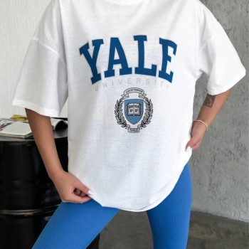 Kadın Kısa Kol Yazlık Tişört Bisiklet Yaka YALE Baskılı T-Shirt - Beyaz