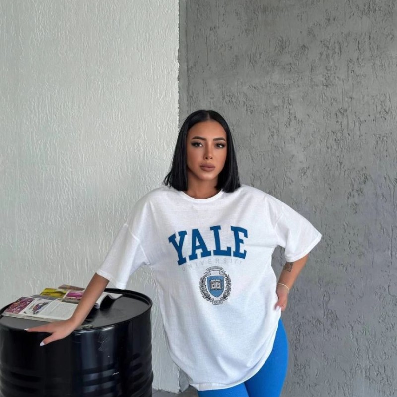 Kadın Kısa Kol Yazlık Tişört Bisiklet Yaka YALE Baskılı T-Shirt - Beyaz