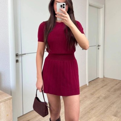 Kadın Kısa Kollu Bluz Mini Etekli ikili Takım Triko - Bordo