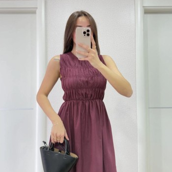 Kadın Kolsuz Göğüs Lastıklı %100 Poplin Uzun Elbise - Bordo