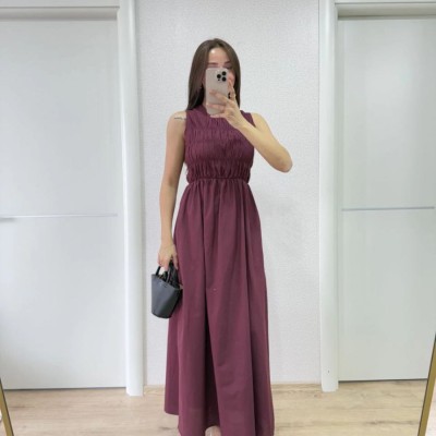 Kadın Kolsuz Göğüs Lastıklı %100 Poplin Uzun Elbise - Bordo