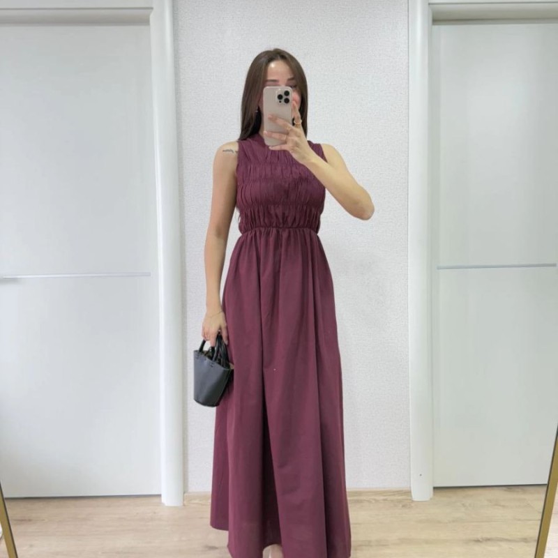 Kadın Kolsuz Göğüs Lastıklı %100 Poplin Uzun Elbise - Bordo