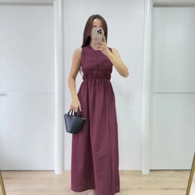 Kadın Kolsuz Göğüs Lastıklı %100 Poplin Uzun Elbise - Bordo