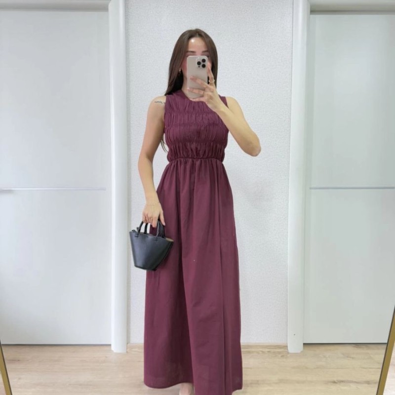 Kadın Kolsuz Göğüs Lastıklı %100 Poplin Uzun Elbise - Bordo