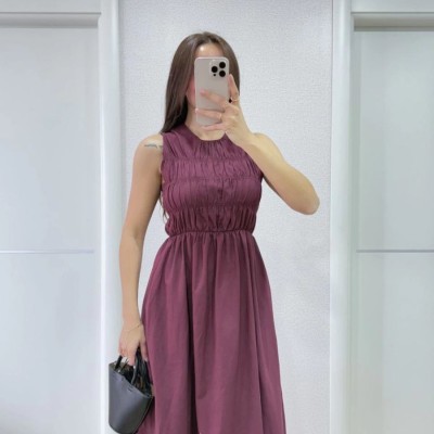 Kadın Kolsuz Göğüs Lastıklı %100 Poplin Uzun Elbise - Bordo