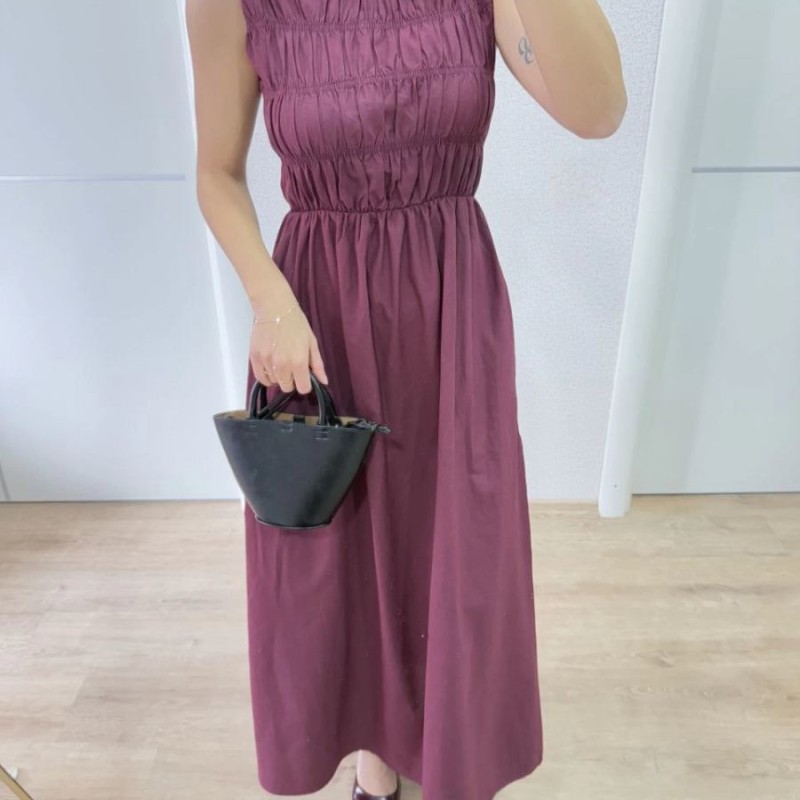 Kadın Kolsuz Göğüs Lastıklı %100 Poplin Uzun Elbise - Bordo