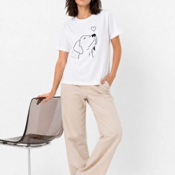 Kadın Köpek Figürlü Minimal Baskılı Tişört Kısa Kol Yazlık T-Shirt - Beyaz