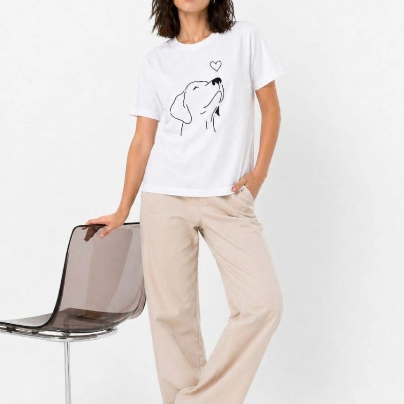 Kadın Köpek Figürlü Minimal Baskılı Tişört Kısa Kol Yazlık T-Shirt - Beyaz