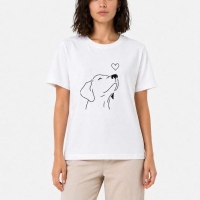 Kadın Köpek Figürlü Minimal Baskılı Tişört Kısa Kol Yazlık T-Shirt - Beyaz