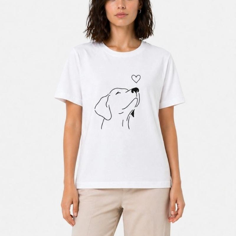 Kadın Köpek Figürlü Minimal Baskılı Tişört Kısa Kol Yazlık T-Shirt - Beyaz