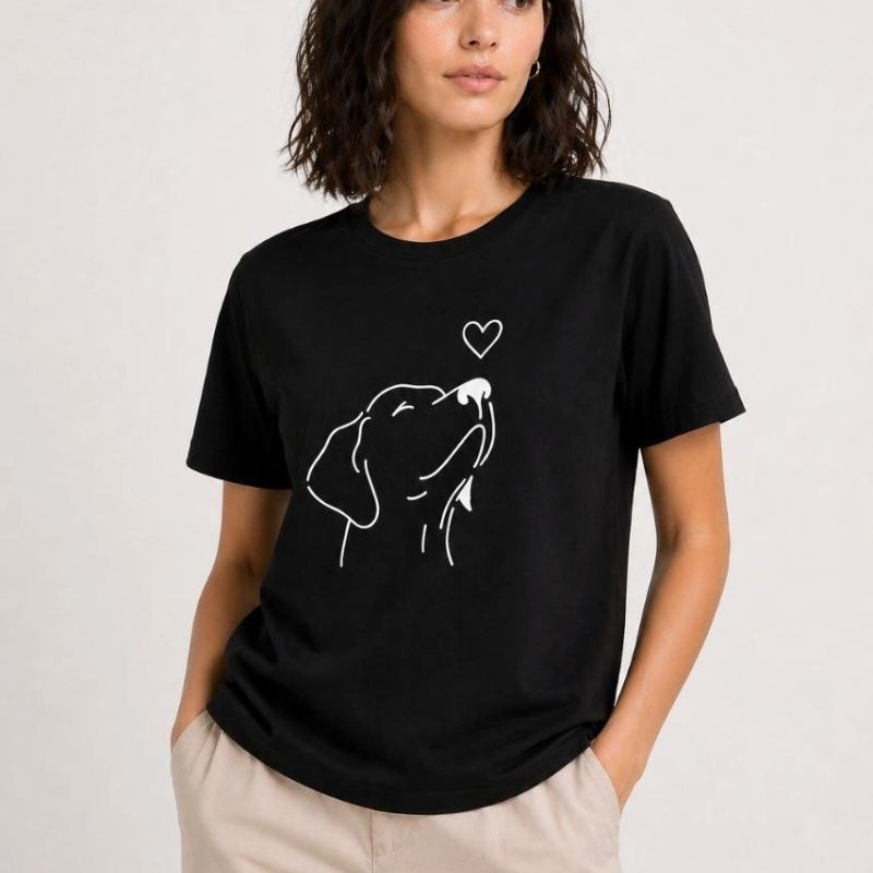 Kadın Köpek Figürlü Minimal Baskılı Tişört Kısa Kol Yazlık T-Shirt - Siyah
