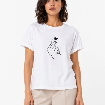 Kadın Kore Parmak Kalp Aşk Temalı Minimal Baskılı Tişört Yazlık Kısa Kol T-Shirt  - Beyaz