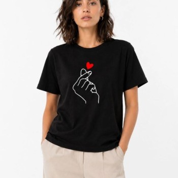 Kadın Kore Parmak Kalp Aşk Temalı Minimal Baskılı Tişört Yazlık Kısa Kol T-Shirt - Siyah