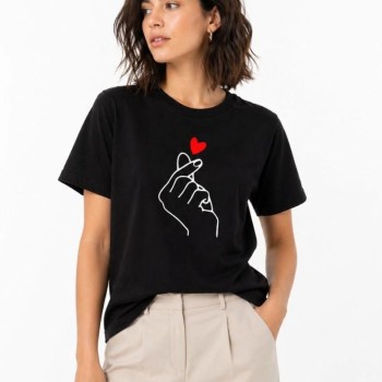 Kadın Kore Parmak Kalp Aşk Temalı Minimal Baskılı Tişört Yazlık Kısa Kol T-Shirt - Siyah