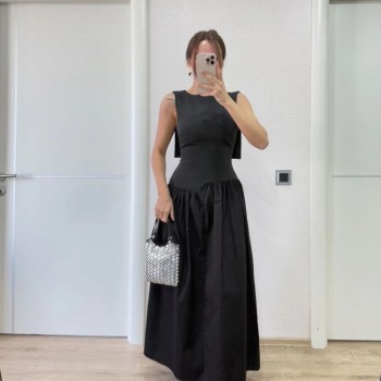 Kadın Krep Arkası Kanat Arka Ön Pens Detaylı Uzun Elbise - Siyah