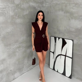 Kadın Kruvaze Drapeli Tokalı Mini Elbise Şık Gece Davet Abiye - Kahverengi