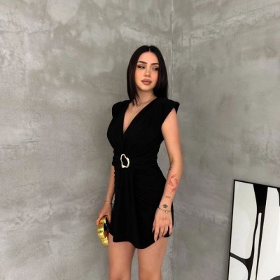 Kadın Kruvaze Drapeli Tokalı Mini Elbise Şık Gece Davet Abiye - Siyah