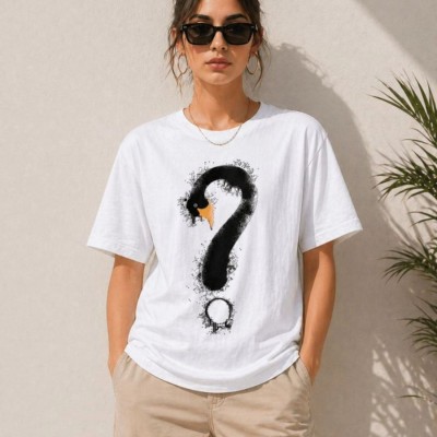 Kadın Kuğu Figürlü Soru İşareti Baskılı Tişört Kısa Kol T-Shirt - Beyaz