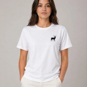 Kadın Minimal Geyik Logolu Tişört Bisiklet Yaka Kısa kol Yazlık T-Shirt - Beyaz