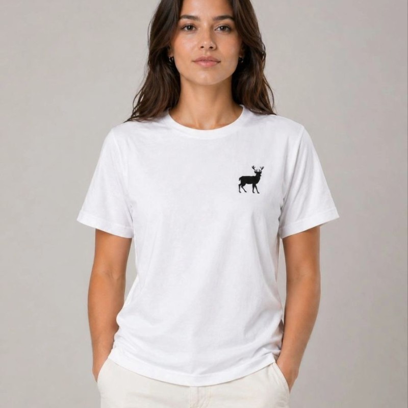 Kadın Minimal Geyik Logolu Tişört Bisiklet Yaka Kısa kol Yazlık T-Shirt - Beyaz