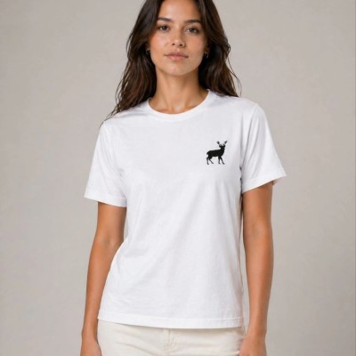 Kadın Minimal Geyik Logolu Tişört Bisiklet Yaka Kısa kol Yazlık T-Shirt - Beyaz