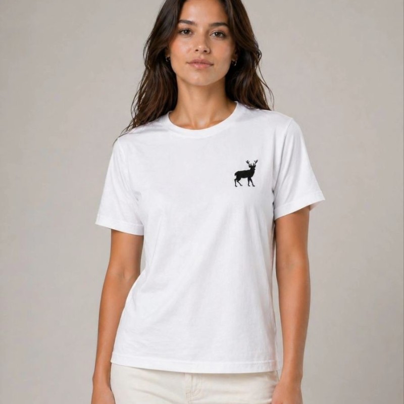 Kadın Minimal Geyik Logolu Tişört Bisiklet Yaka Kısa kol Yazlık T-Shirt - Beyaz