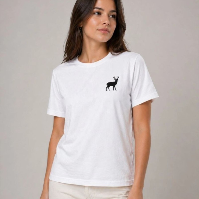 Kadın Minimal Geyik Logolu Tişört Bisiklet Yaka Kısa kol Yazlık T-Shirt - Beyaz