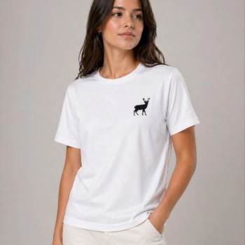 Kadın Minimal Geyik Logolu Tişört Bisiklet Yaka Kısa kol Yazlık T-Shirt - Beyaz