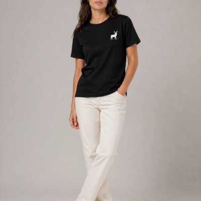 Kadın Minimal Geyik Logolu Tişört Bisiklet Yaka Kısa kol Yazlık T-Shirt - Siyah