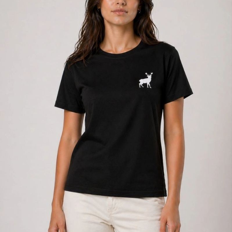 Kadın Minimal Geyik Logolu Tişört Bisiklet Yaka Kısa kol Yazlık T-Shirt - Siyah
