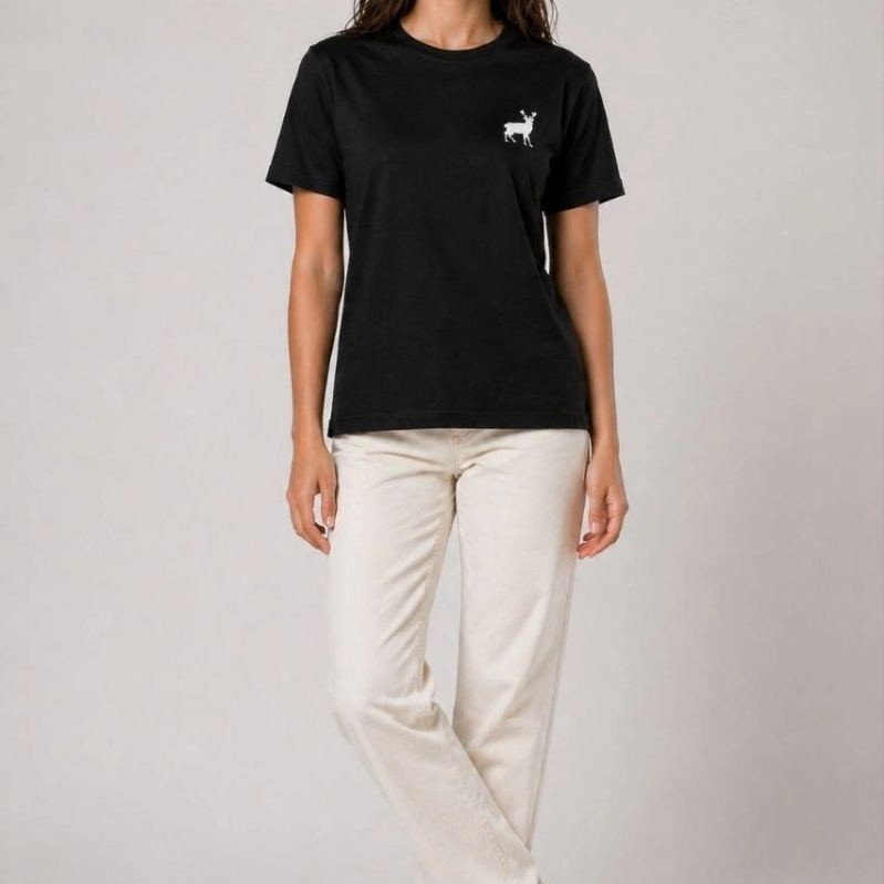 Kadın Minimal Geyik Logolu Tişört Bisiklet Yaka Kısa kol Yazlık T-Shirt - Siyah