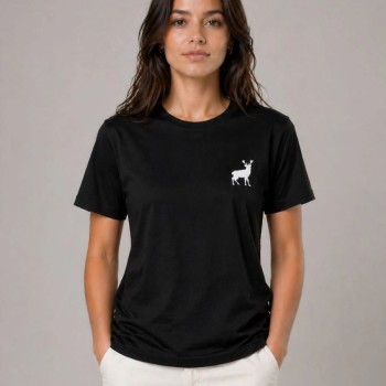 Kadın Minimal Geyik Logolu Tişört Bisiklet Yaka Kısa kol Yazlık T-Shirt - Siyah