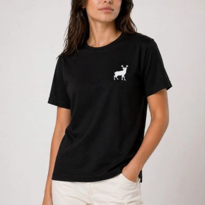 Kadın Minimal Geyik Logolu Tişört Bisiklet Yaka Kısa kol Yazlık T-Shirt - Siyah