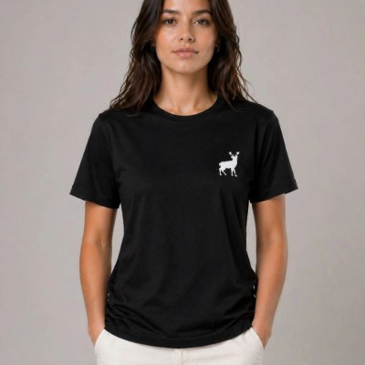Kadın Minimal Geyik Logolu Tişört Bisiklet Yaka Kısa kol Yazlık T-Shirt - Siyah