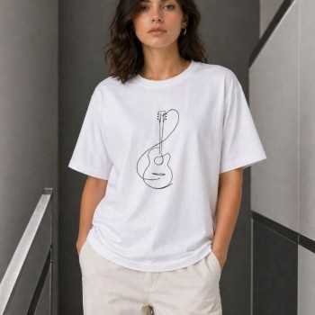Kadın Minimal Gitar Baskılı Tişört T-Shirt Yazlık Kısa Kol Bisiklet Yaka T-Shirt  - Beyaz