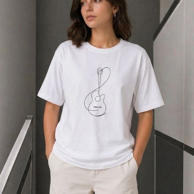 Kadın Minimal Gitar Baskılı Tişört T-Shirt Yazlık Kısa Kol Bisiklet Yaka T-Shirt  - Beyaz