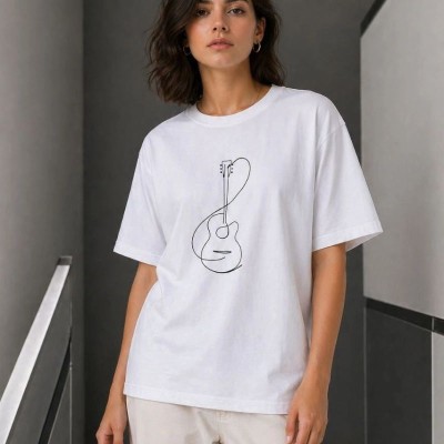 Kadın Minimal Gitar Baskılı Tişört T-Shirt Yazlık Kısa Kol Bisiklet Yaka T-Shirt  - Beyaz