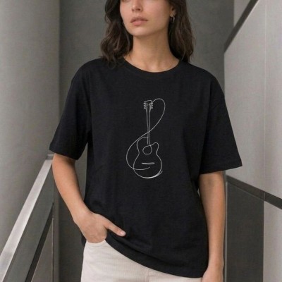 Kadın Minimal Gitar Baskılı Tişört T-Shirt Yazlık Kısa Kol Bisiklet Yaka T-Shirt - Siyah