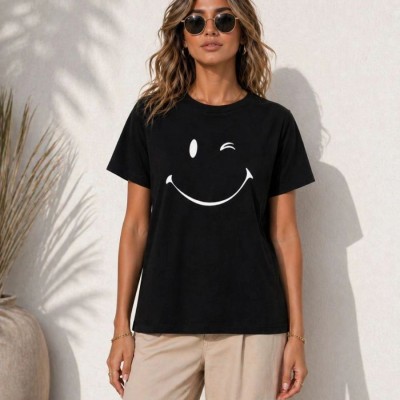Kadın Minimal Gülümseyen Yüz Baskılı Tişört Kısa Kol Yazlık T-Shirt - Siyah